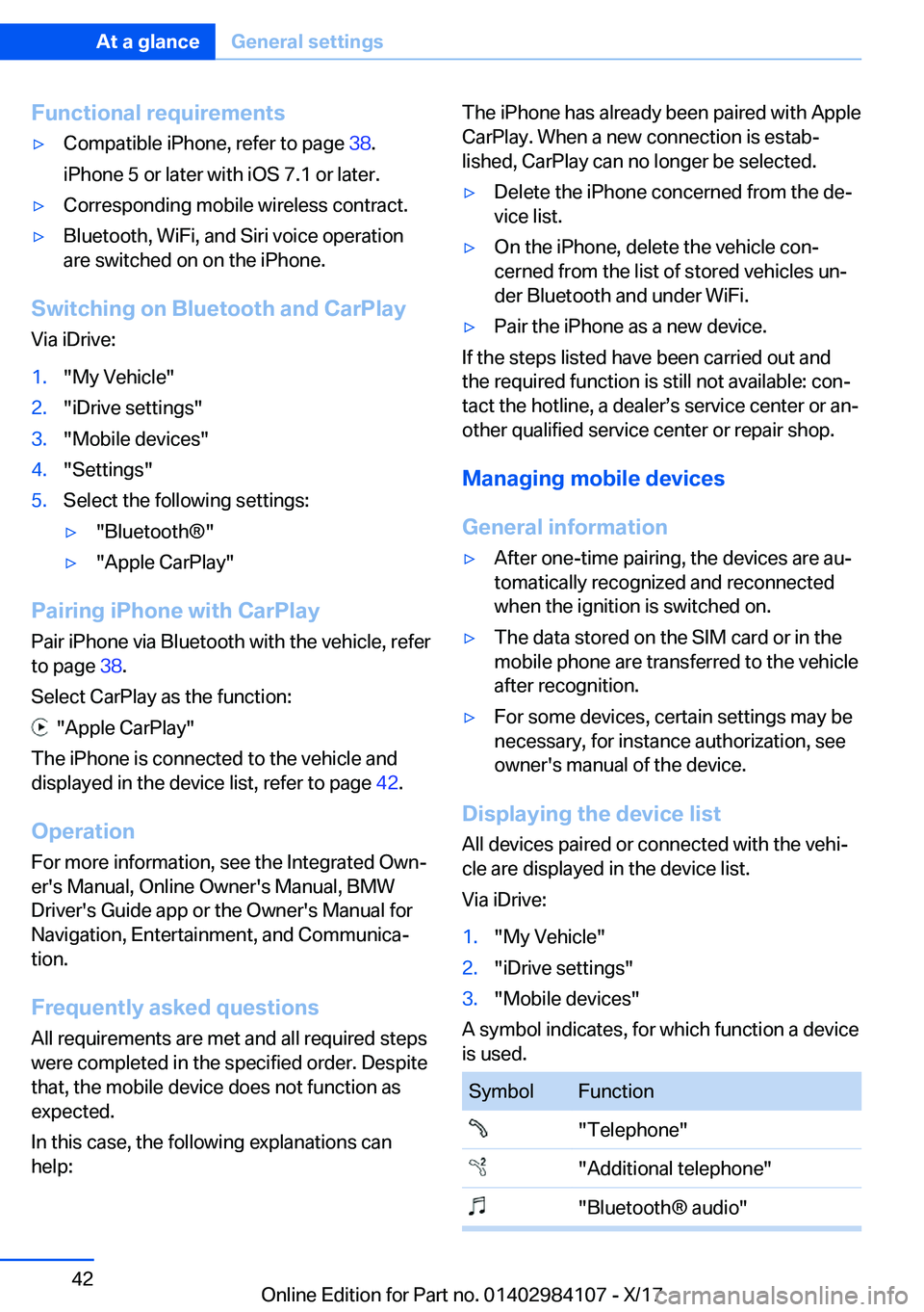 BMW 3 SERIES 2018 Service Manual �F�u�n�c�t�i�o�n�a�l��r�e�q�u�i�r�e�m�e�n�t�s'y�C�o�m�p�a�t�i�b�l�e� �i�P�h�o�n�e�,� �r�e�f�e�r� �t�o� �p�a�g�e� �3�8�.
�i�P�h�o�n�e� �5� �o�r� �l�a�t�e�r� �w�i�t�h� �i�O�S� �7�.�1� �o�r� �l�a�t�