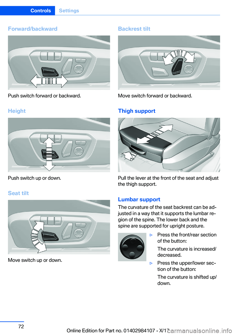 BMW 3 SERIES 2018 Manual PDF �F�o�r�w�a�r�d�/�b�a�c�k�w�a�r�d
�P�u�s�h� �s�w�i�t�c�h� �f�o�r�w�a�r�d� �o�r� �b�a�c�k�w�a�r�d�.
�H�e�i�g�h�t
�P�u�s�h� �s�w�i�t�c�h� �u�p� �o�r� �d�o�w�n�. �S�e�a�t��t�i�l�t
�M�o�v�e� �s�w�i�t�c�h�