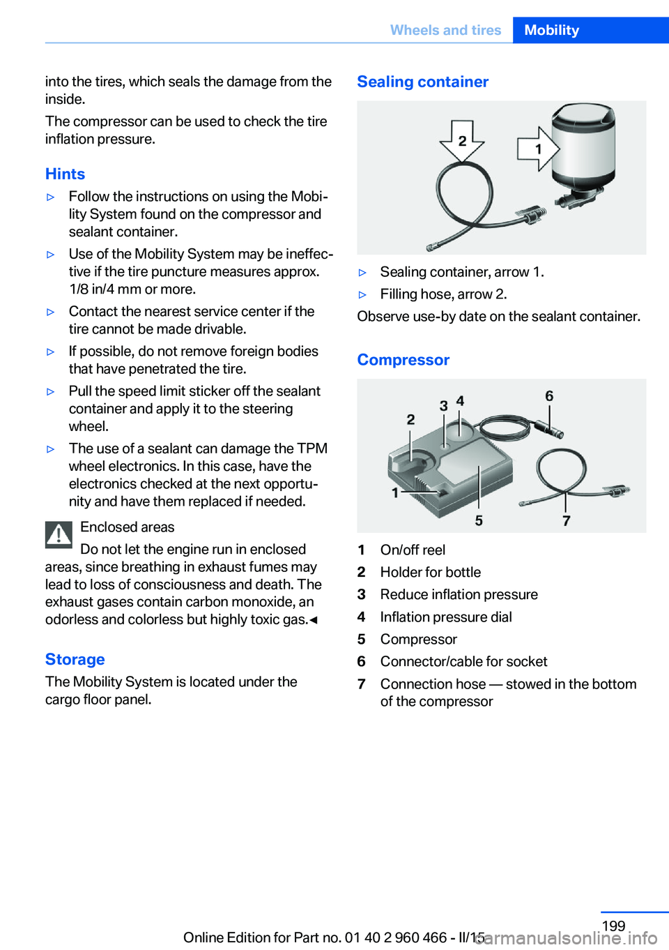 BMW 3 SERIES ACTIVE HYBRID 2015  Owners Manual into the tires, which seals the damage from the
inside.
The compressor can be used to check the tire
inflation pressure.
Hints▷Follow the instructions on using the Mobi‐
lity System found on the c
