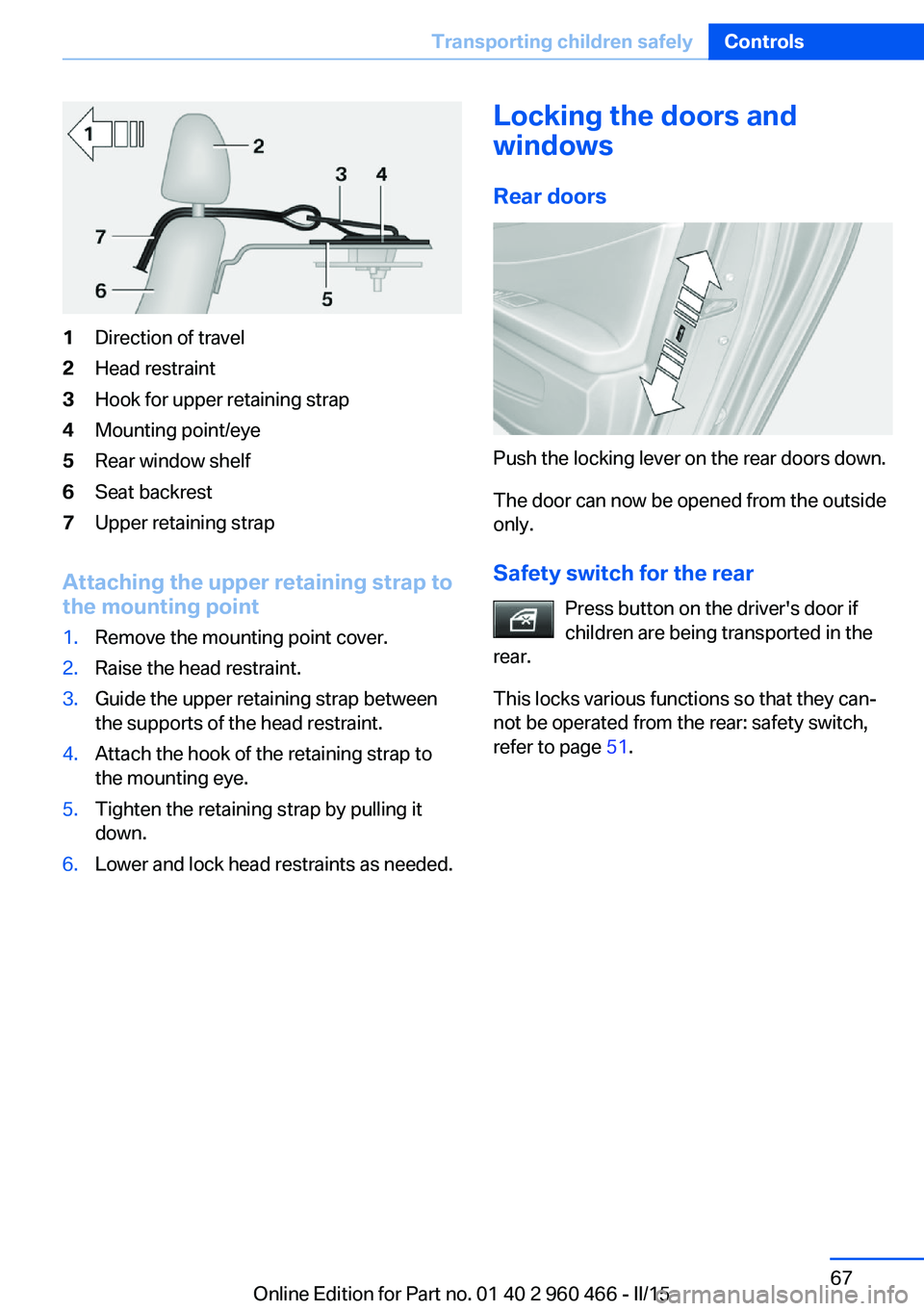 BMW 3 SERIES ACTIVE HYBRID 2015 Manual PDF 1Direction of travel2Head restraint3Hook for upper retaining strap4Mounting point/eye5Rear window shelf6Seat backrest7Upper retaining strap
Attaching the upper retaining strap to
the mounting point
1. BMW 3 SERIES ACTIVE HYBRID 2015 Manual PDF 1Direction of travel2Head restraint3Hook for upper retaining strap4Mounting point/eye5Rear window shelf6Seat backrest7Upper retaining strap
Attaching the upper retaining strap to
the mounting point
1.