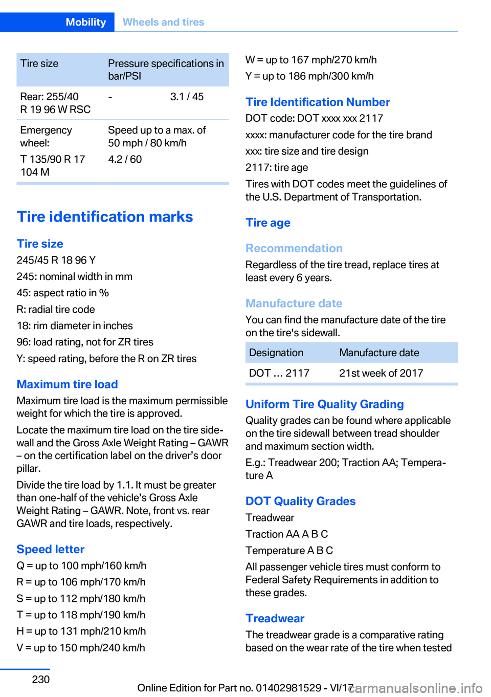 BMW 3 SERIES GRAN TURISMO 2018  Owners Manual �T�i�r�e� �s�i�z�e�P�r�e�s�s�u�r�e� �s�p�e�c�i�f�i�c�a�t�i�o�n�s� �i�n
�b�a�r�/�P�S�I�R�e�a�r�:� �2�5�5�/�4�0
�R� �1�9� �9�6� �W� �R�S�C�-�3�.�1� �/� �4�5�E�m�e�r�g�e�n�c�y
�w�h�e�e�l�:
�T� �1�3�5�/�9