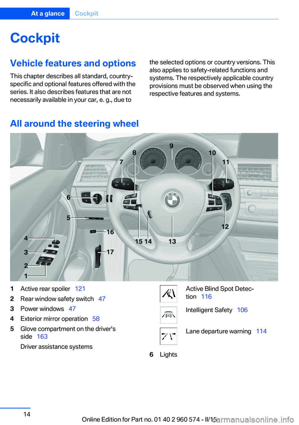 BMW 3 SERIES GRAN TURISMO 2015  Owners Manual CockpitVehicle features and options
This chapter describes all standard, country-
specific and optional features offered with the
series. It also describes features that are not
necessarily available 