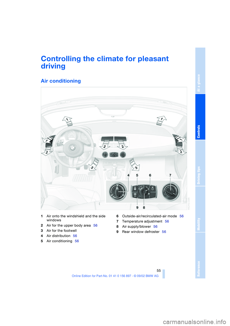 BMW 3.0i ROADSTER 2003 Workshop Manual At a glance
Controls
Driving tips
Mobility
Reference
55
Controlling the climate for pleasant
driving
Air conditioning
1Air onto the windshield and the side
windows
2Air for the upper body area56
3A BMW 3.0i ROADSTER 2003 Workshop Manual At a glance
Controls
Driving tips
Mobility
Reference
55
Controlling the climate for pleasant
driving
Air conditioning
1Air onto the windshield and the side
windows
2Air for the upper body area56
3A