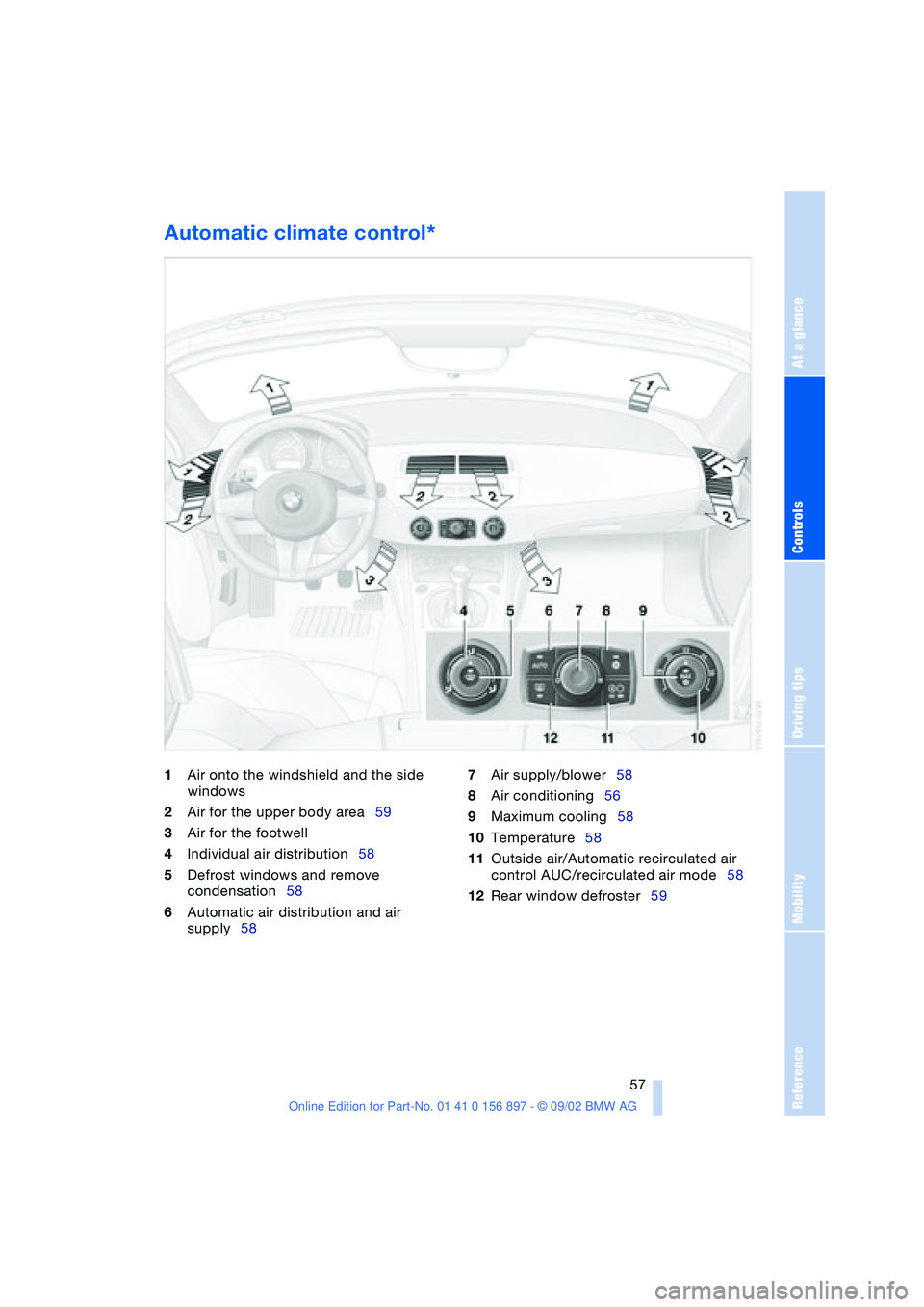 BMW 3.0i ROADSTER 2003 Workshop Manual At a glance
Controls
Driving tips
Mobility
Reference
57
Automatic climate control*
1Air onto the windshield and the side
windows
2Air for the upper body area59
3Air for the footwell
4Individual air BMW 3.0i ROADSTER 2003 Workshop Manual At a glance
Controls
Driving tips
Mobility
Reference
57
Automatic climate control*
1Air onto the windshield and the side
windows
2Air for the upper body area59
3Air for the footwell
4Individual air
