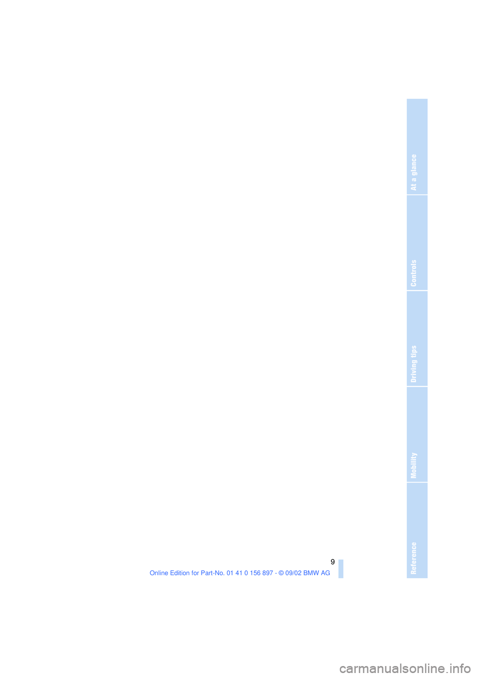 BMW 3.0i ROADSTER 2003  Owners Manual At a glance
Controls
Driving tips
Mobility
Reference
 9 