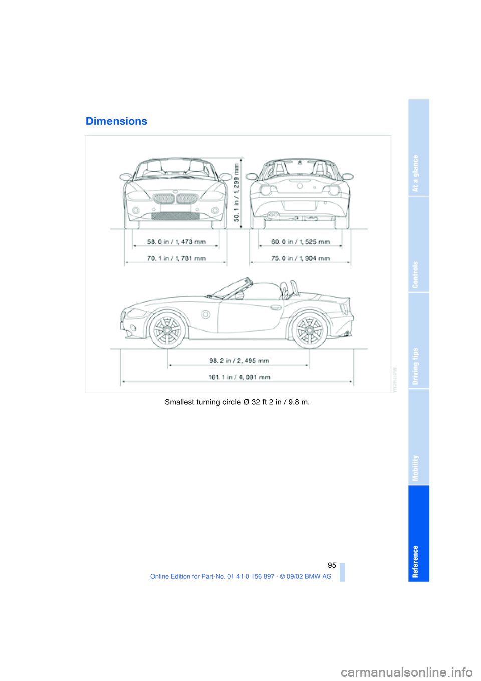 BMW 3.0i ROADSTER 2003 Owners Manual At a glance
Controls
Driving tips
Mobility
Reference
95
Dimensions
Smallest turning circle ∆ 32 ft 2 in / 9.8 m. BMW 3.0i ROADSTER 2003 Owners Manual At a glance
Controls
Driving tips
Mobility
Reference
95
Dimensions
Smallest turning circle ∆ 32 ft 2 in / 9.8 m.