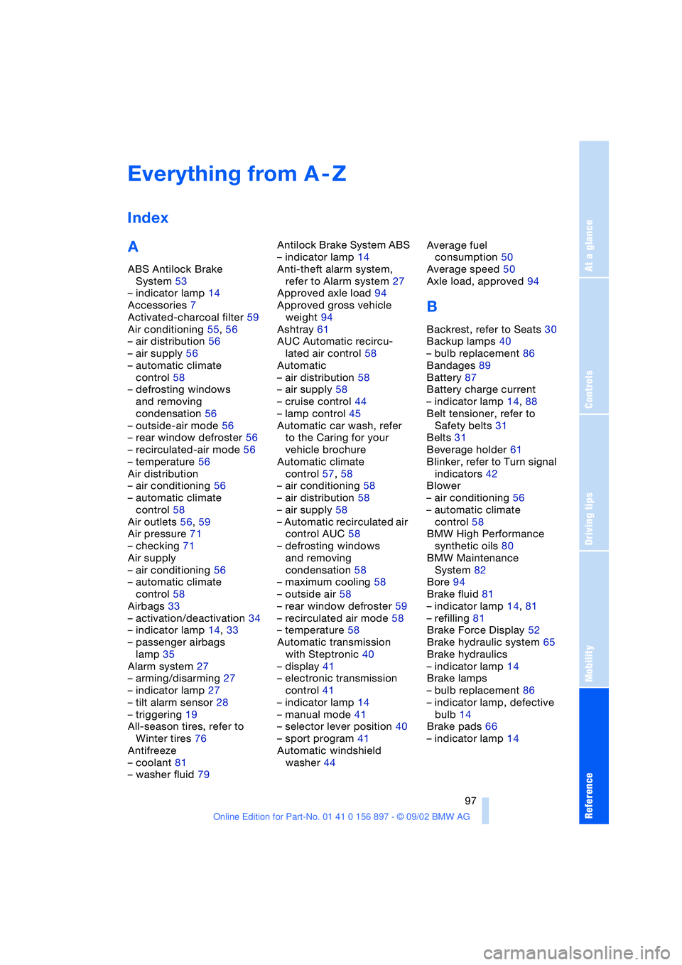 BMW 3.0i ROADSTER 2003  Owners Manual At a glance
Controls
Driving tips
Mobility
Reference
 97
A
ABS Antilock Brake 
System 53
– indicator lamp 14
Accessories 7
Activated-charcoal filter 59
Air conditioning 55, 56
– air distribution 5