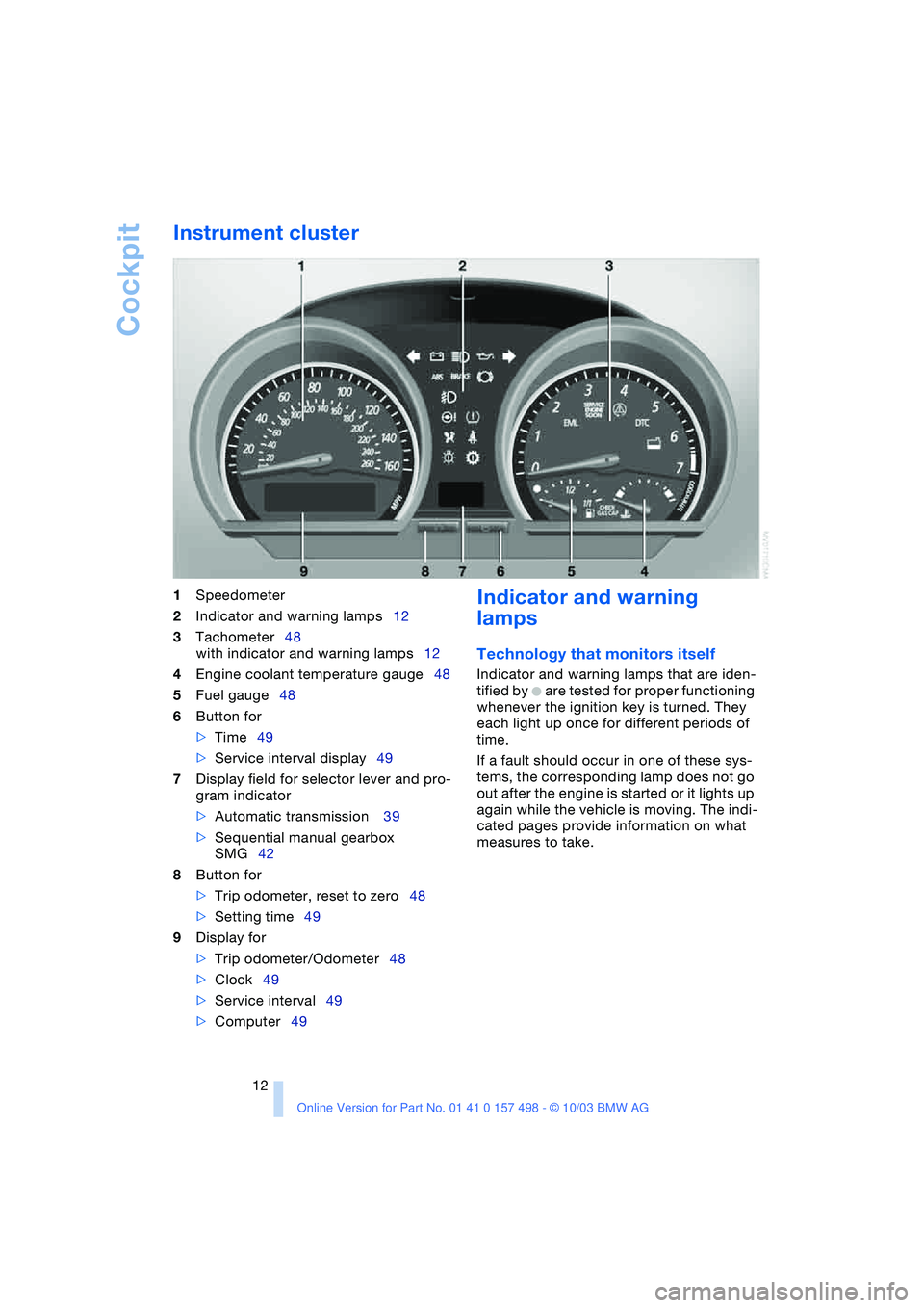 BMW 3.0i ROADSTER&COUPE 2004  Owners Manual  
Cockpit
 
12
 
Instrument cluster
 
1
 
Speedometer
 
2
 
Indicator and warning lamps12
 
3
 
Tachometer48
with indicator and warning lamps12
 
4
 
Engine coolant temperature gauge48
 
5
 
Fuel gaug