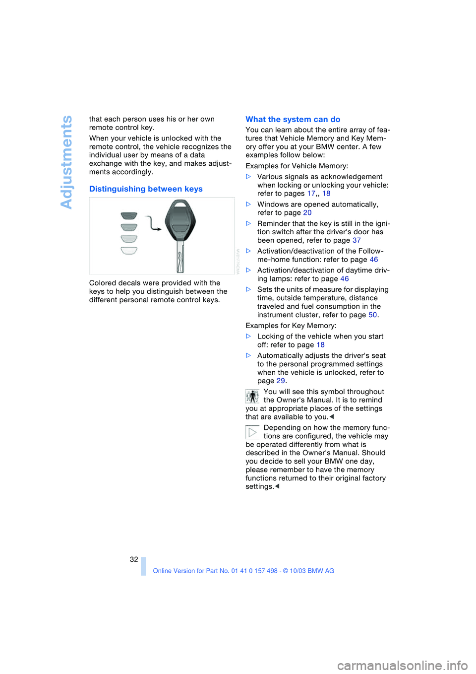 BMW 3.0i ROADSTER&COUPE 2004 Owners Guide Adjustments
32 that each person uses his or her own
remote control key.
When your vehicle is unlocked with the
remote control, the vehicle recognizes the
individual user by means of a data
exchan BMW 3.0i ROADSTER&COUPE 2004 Owners Guide Adjustments
32 that each person uses his or her own
remote control key.
When your vehicle is unlocked with the
remote control, the vehicle recognizes the
individual user by means of a data
exchan