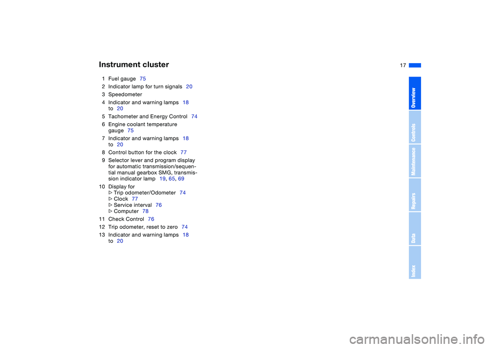 BMW 325CI 2006  Owners Manual  
17
1Fuel gauge75
2Indicator lamp for turn signals20
3Speedometer
4Indicator and warning lamps18
to20
5Tachometer and Energy Control74
6Engine coolant temperature 
gauge75
7Indicator and warning lamp