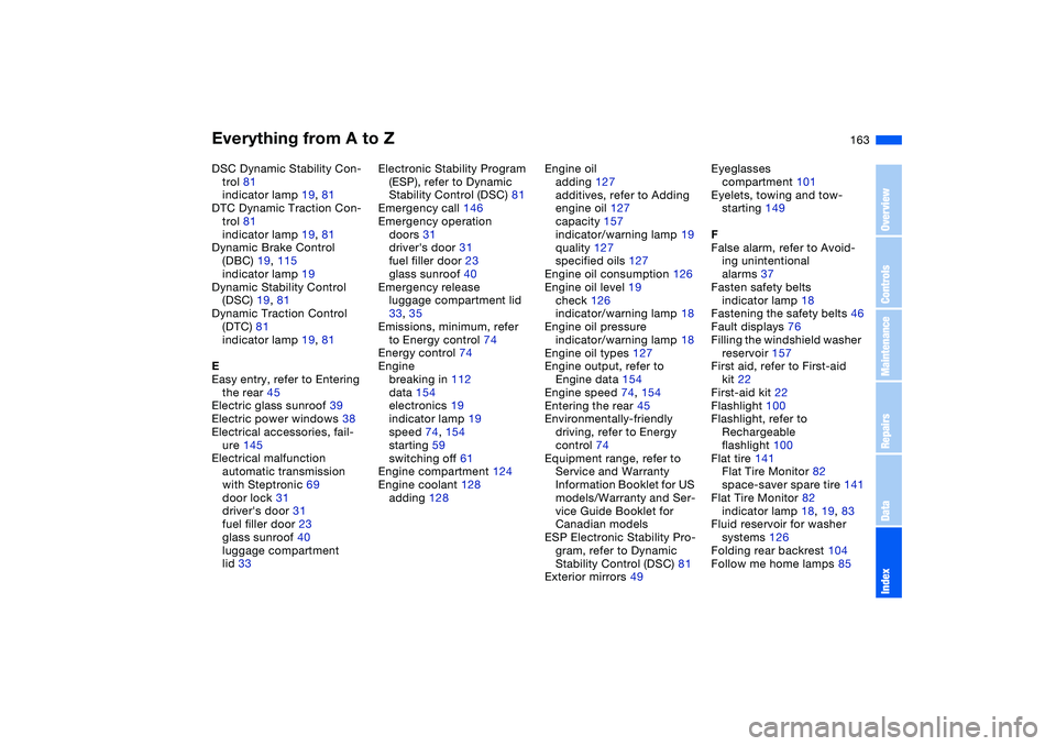 BMW 325CI 2006  Owners Manual Everything from A to Z
163
DSC Dynamic Stability Con-
trol 81
indicator lamp 19, 81
DTC Dynamic Traction Con-
trol 81
indicator lamp 19, 81
Dynamic Brake Control 
(DBC) 19, 115
indicator lamp 19
Dynam