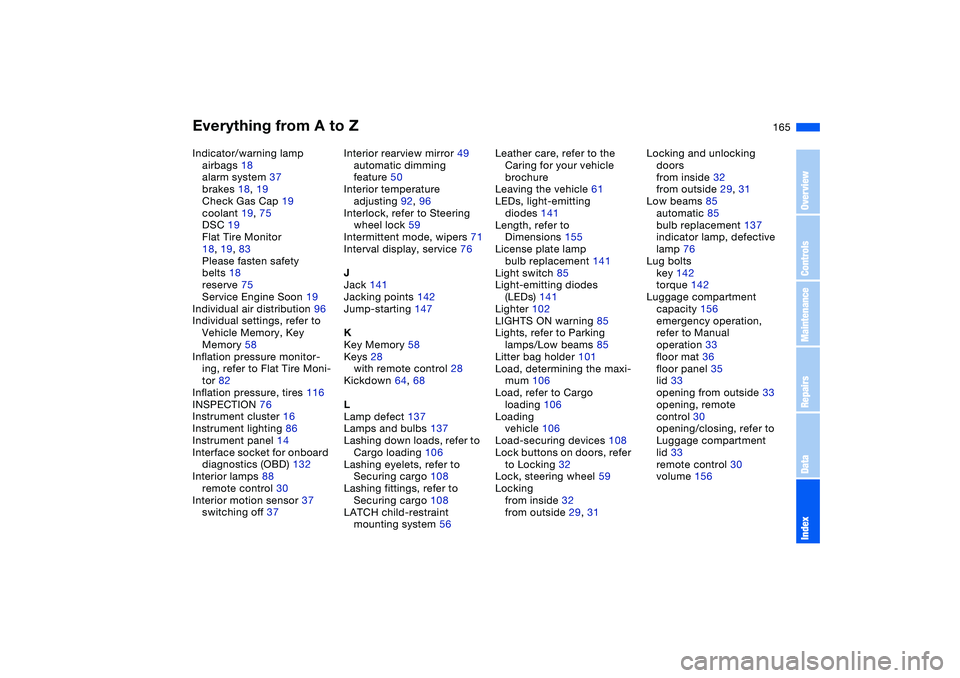 BMW 325CI 2006  Owners Manual Everything from A to Z
165
Indicator/warning lamp
airbags 18
alarm system 37
brakes 18, 19
Check Gas Cap 19
coolant 19, 75
DSC 19
Flat Tire Monitor 
18, 19, 83
Please fasten safety 
belts 18
reserve 7