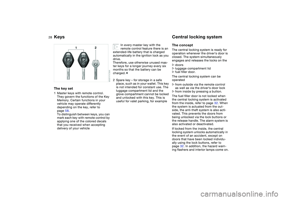 BMW 325CI 2006  Owners Manual 28Opening and closing
KeysThe key set1Master keys with remote control. 
They govern the functions of the Key 
Memory. Certain functions in your 
vehicle may operate differently 
depending on the key, 