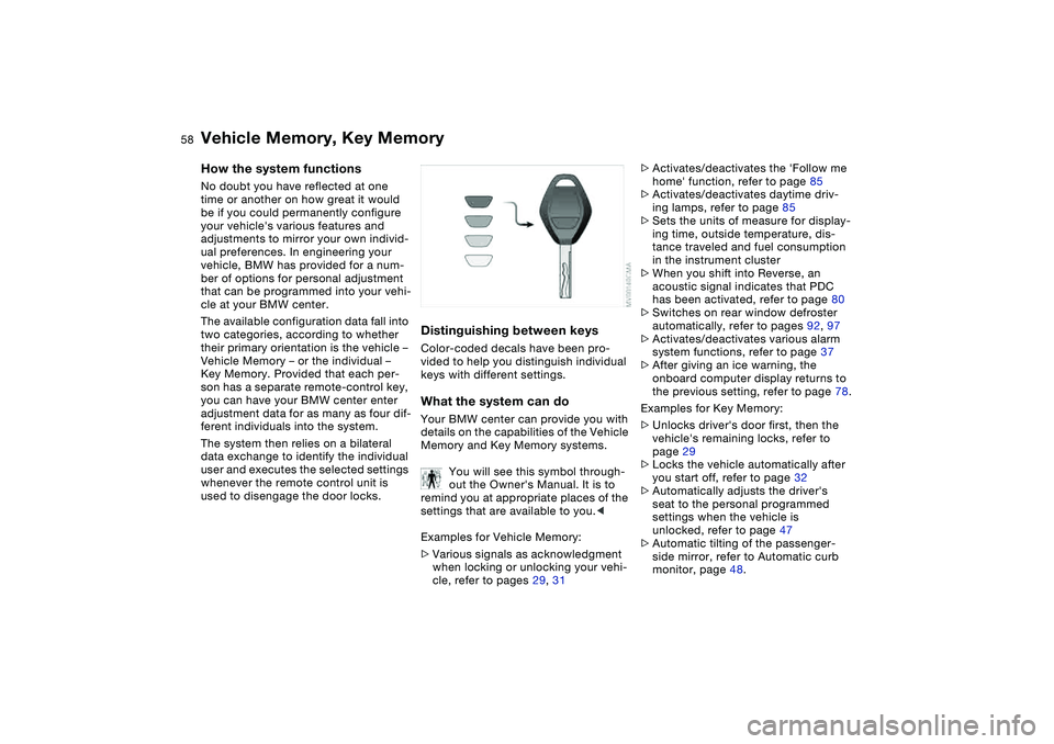 BMW 325CI 2006 Workshop Manual 58
Vehicle Memory, Key MemoryHow the system functionsNo doubt you have reflected at one 
time or another on how great it would 
be if you could permanently configure 
your vehicles various features a