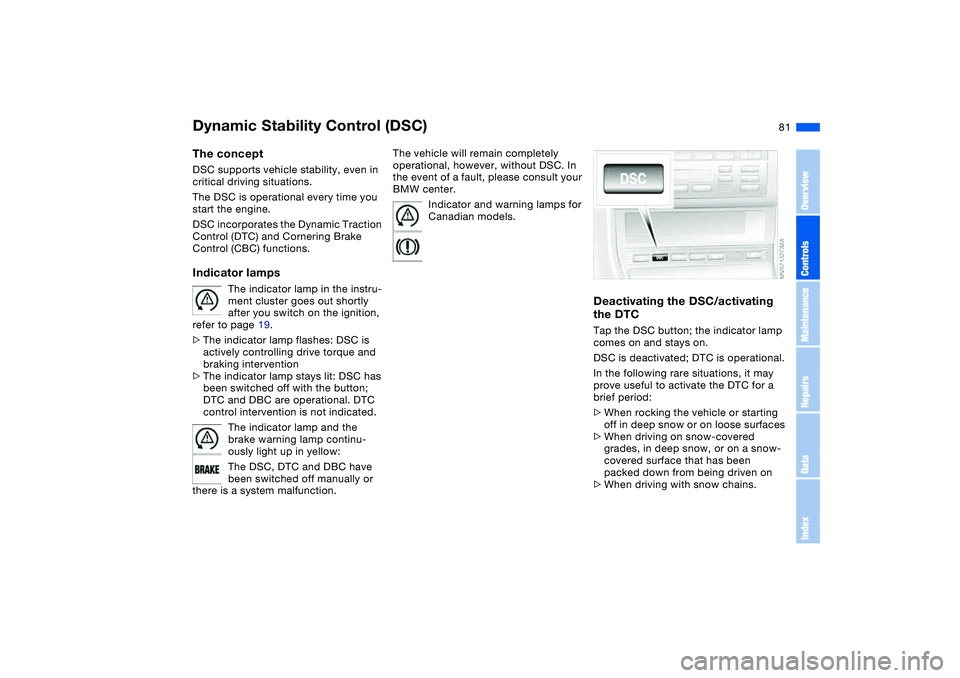 BMW 325CI 2006  Owners Manual 81
Dynamic Stability Control (DSC)The conceptDSC supports vehicle stability, even in 
critical driving situations.
The DSC is operational every time you 
start the engine. 
DSC incorporates the Dynami