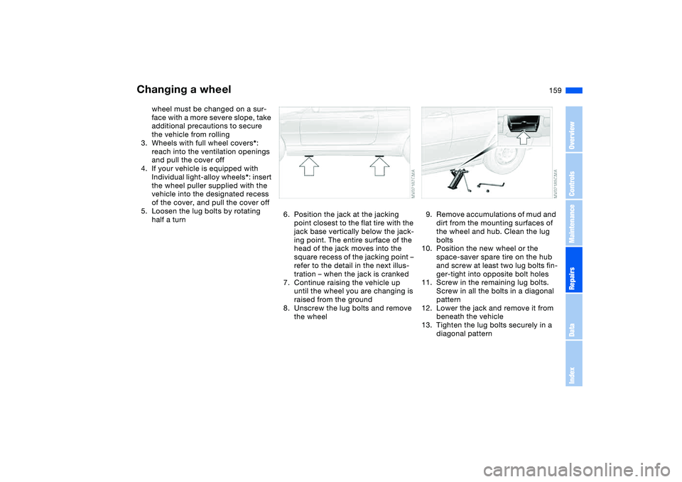 BMW 325CI 2005  Owners Manual 159
wheel must be changed on a sur-
face with a more severe slope, take 
additional precautions to secure 
the vehicle from rolling
3. Wheels with full wheel covers*: 
reach into the ventilation openi