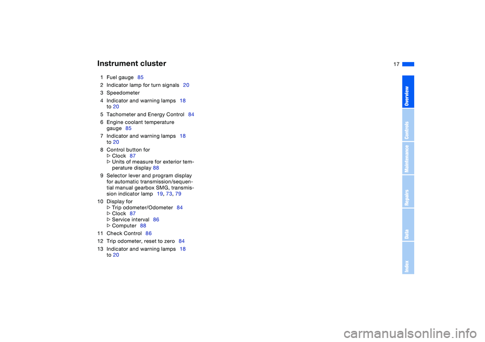 BMW 325CI 2005  Owners Manual  
17
1Fuel gauge85
2Indicator lamp for turn signals20
3Speedometer
4Indicator and warning lamps18
to 20
5Tachometer and Energy Control84
6Engine coolant temperature 
gauge85
7Indicator and warning lam