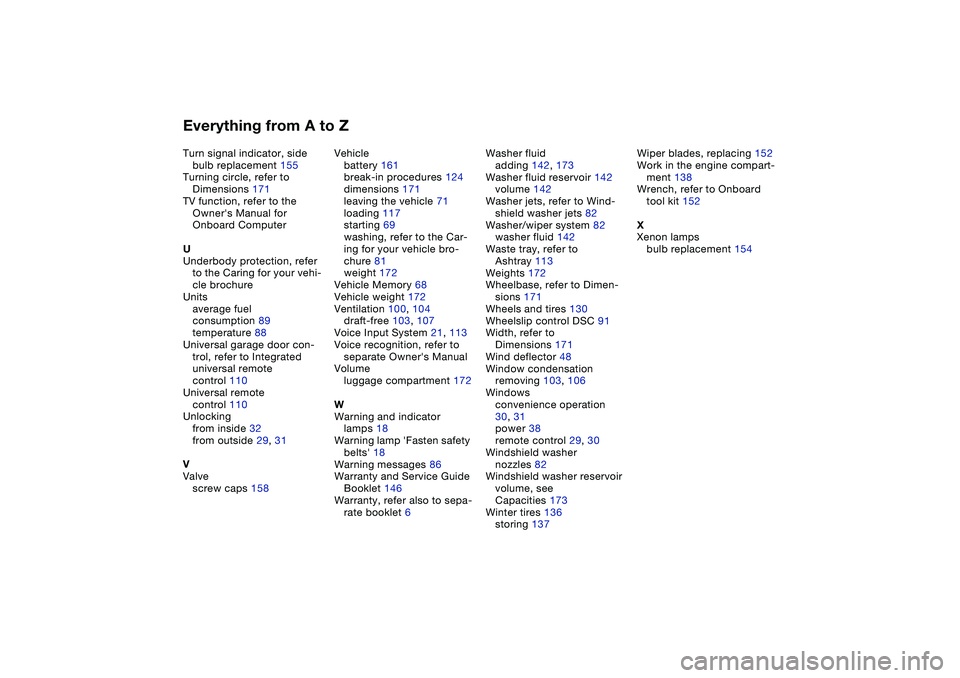 BMW 325CI 2005  Owners Manual Everything from A to ZTurn signal indicator, side
bulb replacement 155
Turning circle, refer to 
Dimensions 171
TV function, refer to the 
Owners Manual for 
Onboard Computer
U
Underbody protection, 