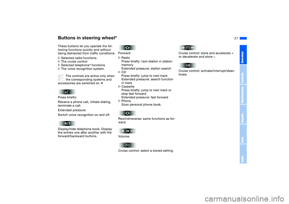 BMW 325CI 2005  Owners Manual  
21
 
Buttons in steering wheel*
 
These buttons let you operate the fol-
lowing functions quickly and without 
being distracted from traffic conditions:
 
>
 
Selected radio functions
 
>
 
The crui