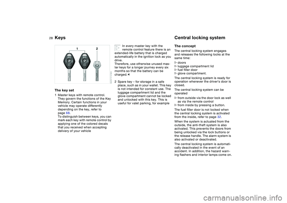 BMW 325CI 2005  Owners Manual 28Opening and closing
KeysThe key set1Master keys with remote control. 
They govern the functions of the Key 
Memory. Certain functions in your 
vehicle may operate differently 
depending on the key, 