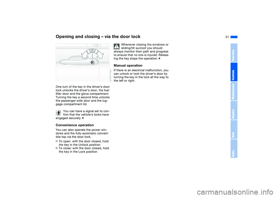 BMW 325CI 2005  Owners Manual 31
Opening and closing – via the door lockOne turn of the key in the drivers door 
lock unlocks the drivers door, the fuel 
filler door and the glove compartment. 
Turning the key a second time un