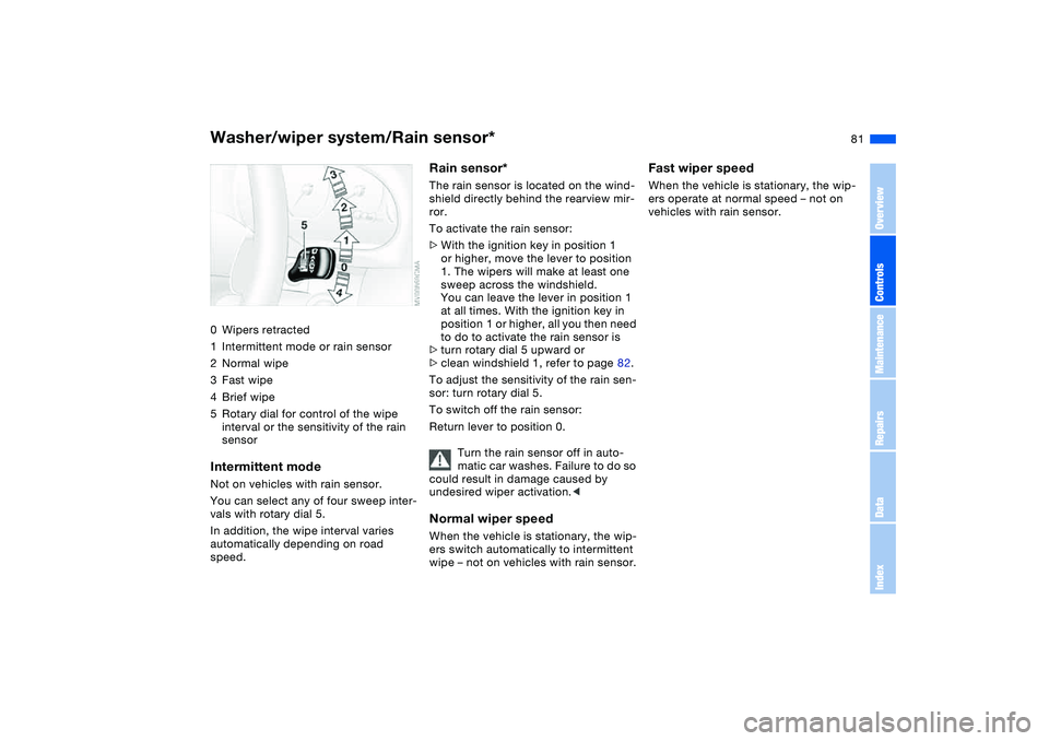 BMW 325CI 2005 User Guide 81
Washer/wiper system/Rain sensor*0Wipers retracted
1Intermittent mode or rain sensor
2Normal wipe
3Fast wipe
4Brief wipe
5Rotary dial for control of the wipe 
interval or the sensitivity of the rain