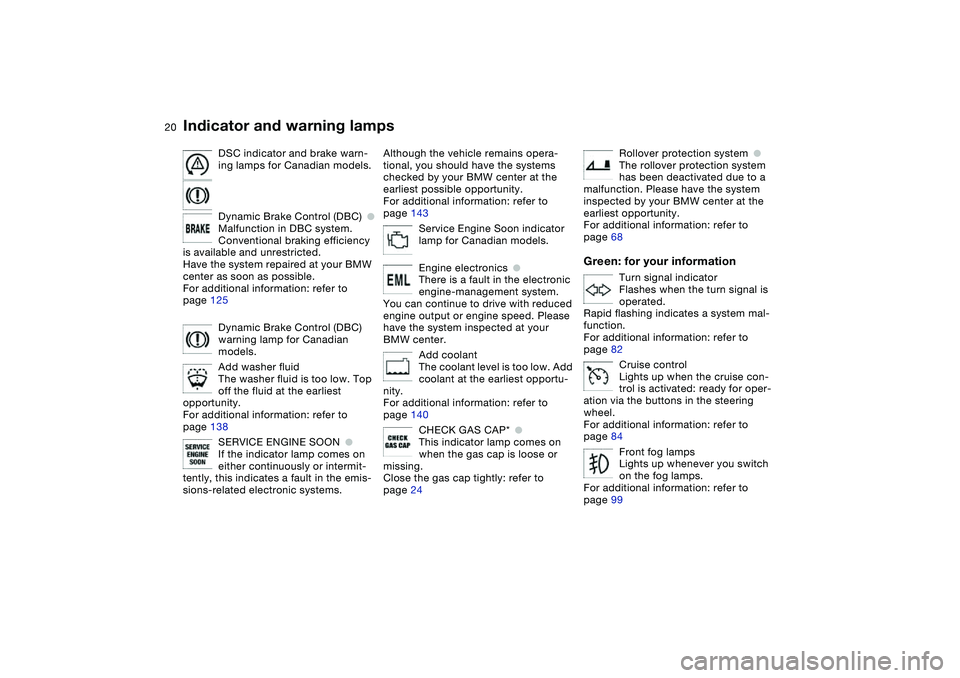 BMW 325CI 2004  Owners Manual  
20
DSC indicator and brake warn-
ing lamps for Canadian models.
Dynamic Brake Control (DBC)
 
●
 
Malfunction in DBC system. 
Conventional braking efficiency 
is available and unrestricted.
Have t