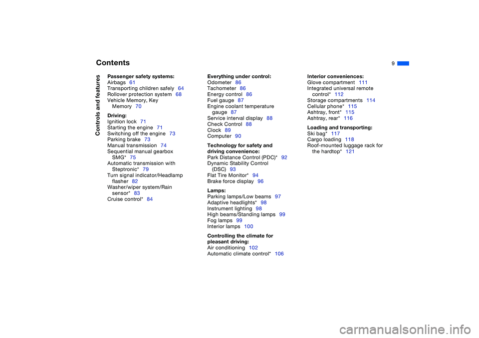 BMW 325CI 2004  Owners Manual  
Contents
 
9
 
Passenger safety systems:
 
Airbags61
Transporting children safely64
Rollover protection system68
Vehicle Memory, Key 
Memory70
 
Driving:
 
Ignition lock71
Starting the engine71
Swit