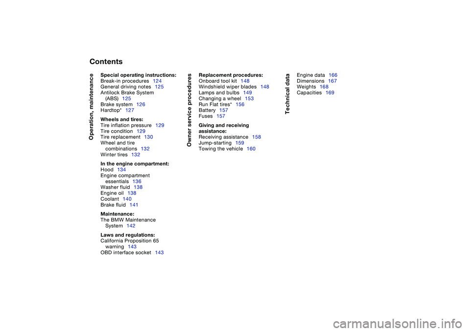 BMW 325CI 2004  Owners Manual  
Contents
 
Operation, maintenance
 
Special operating instructions:
 
Break-in procedures124
General driving notes125
Antilock Brake System 
(ABS)125
Brake system126
Hardtop*127
 
Wheels and tires:

