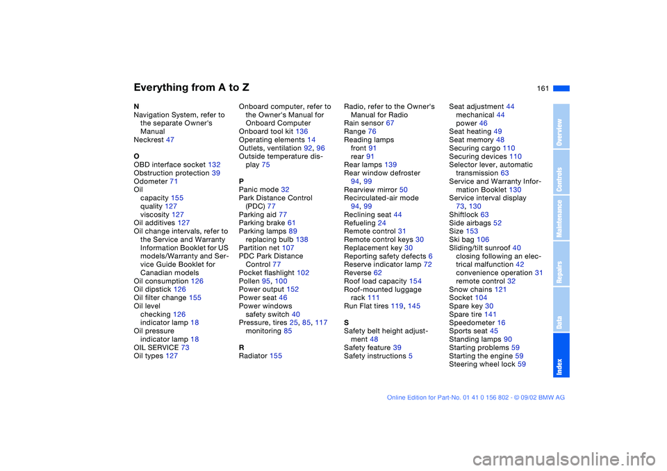 BMW 325I WAGON 2003  Owners Manual Everything from A to Z
161
N
Navigation System, refer to 
the separate Owners 
Manual
Neckrest 47
O
OBD interface socket 132
Obstruction protection 39
Odometer 71
Oil
capacity 155
quality 127
viscosi