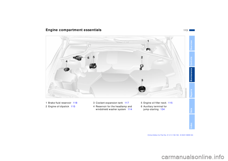 BMW 325I WAGON 2002  Owners Manual 113n
OverviewControlsMaintenanceRepairsDataIndex
Engine compartment essentials1 Brake fluid reservoir118
2 Engine oil dipstick1153 Coolant expansion tank117
4 Reservoir for the headlamp and 
windshiel