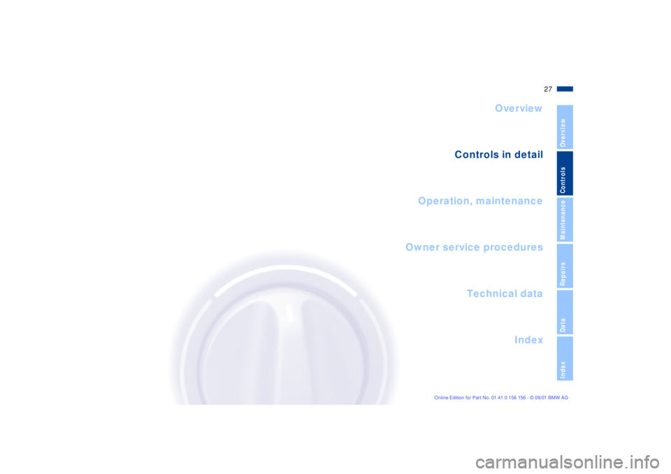 BMW 325I WAGON 2002 Owners Manual 27n
Overview
Controls
Maintenance
Repairs
Data
Index
Overview
Controls in detail
Operation, maintenance
Owner service procedures
Index
Technical data 