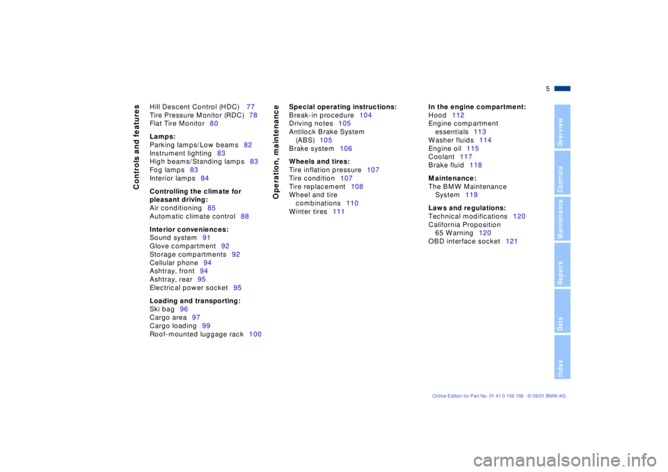 BMW 325I WAGON 2002  Owners Manual  
5n
 
OverviewControlsMaintenanceRepairsDataIndex
 
Controls and features
Operation, maintenance
 
Hill Descent Control (HDC) 77
Tire Pressure Monitor (RDC)78
Flat Tire Monitor80
 
Lamps:
 
Parking l