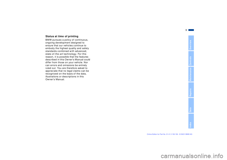 BMW 325I WAGON 2002  Owners Manual  
9n
 
OverviewControlsMaintenanceRepairsDataIndex
 
Status at time of printing
 
BMW pursues a policy of continuous, 
ongoing development designed to 
ensure that our vehicles continue to 
embody the