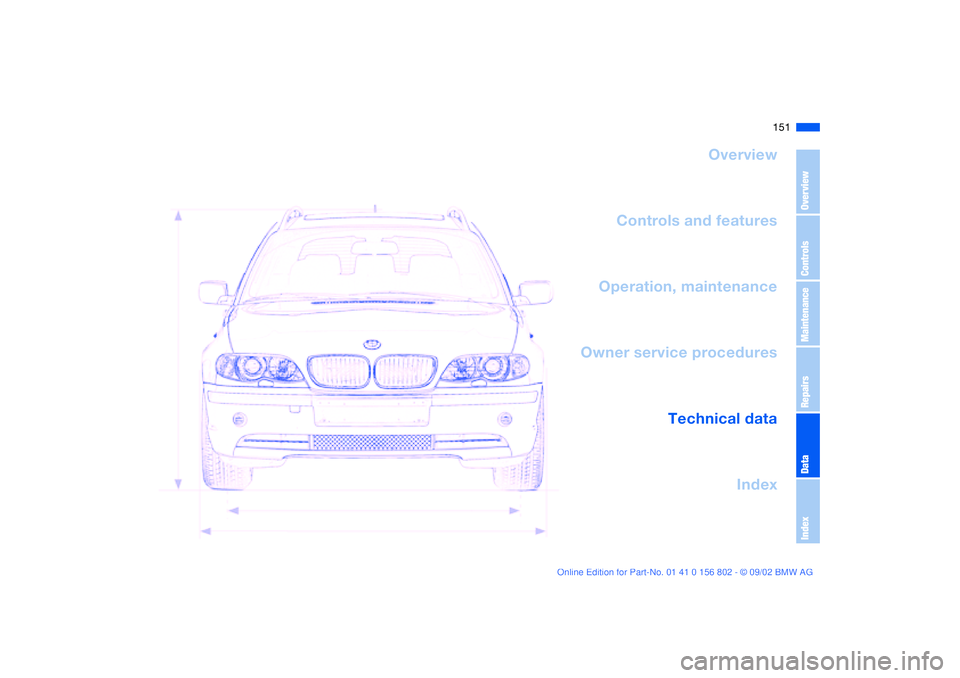 BMW 325IT WAGON 2003 Owners Manual 151
Overview
Controls and features
Operation, maintenance
Owner service procedures
Technical data
Index
OverviewControlsMaintenanceRepairsDataIndex
handbook.book Page 151 Saturday, July 27, 2002 1: BMW 325IT WAGON 2003 Owners Manual 151
Overview
Controls and features
Operation, maintenance
Owner service procedures
Technical data
Index
OverviewControlsMaintenanceRepairsDataIndex
handbook.book Page 151 Saturday, July 27, 2002 1: