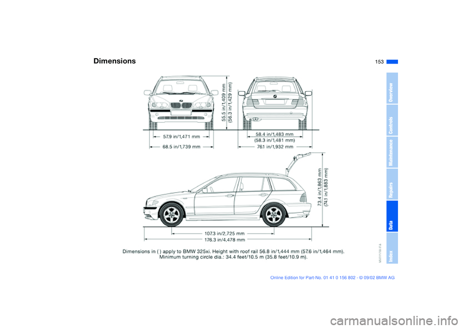 BMW 325IT WAGON 2003 Owners Manual 153
Dimensions
OverviewControlsMaintenanceRepairsDataIndex
handbook.book Page 153 Saturday, July 27, 2002 1:36 PM BMW 325IT WAGON 2003 Owners Manual 153
Dimensions
OverviewControlsMaintenanceRepairsDataIndex
handbook.book Page 153 Saturday, July 27, 2002 1:36 PM