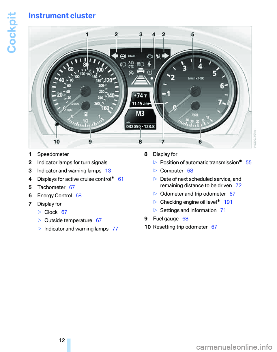 BMW 325XI SPORTS WAGON 2006  Owners Manual Cockpit
12
Instrument cluster
1Speedometer
2Indicator lamps for turn signals
3Indicator and warning lamps13
4Displays for active cruise control
*61
5Tachometer67
6Energy Control68
7Display for
>Clock6
