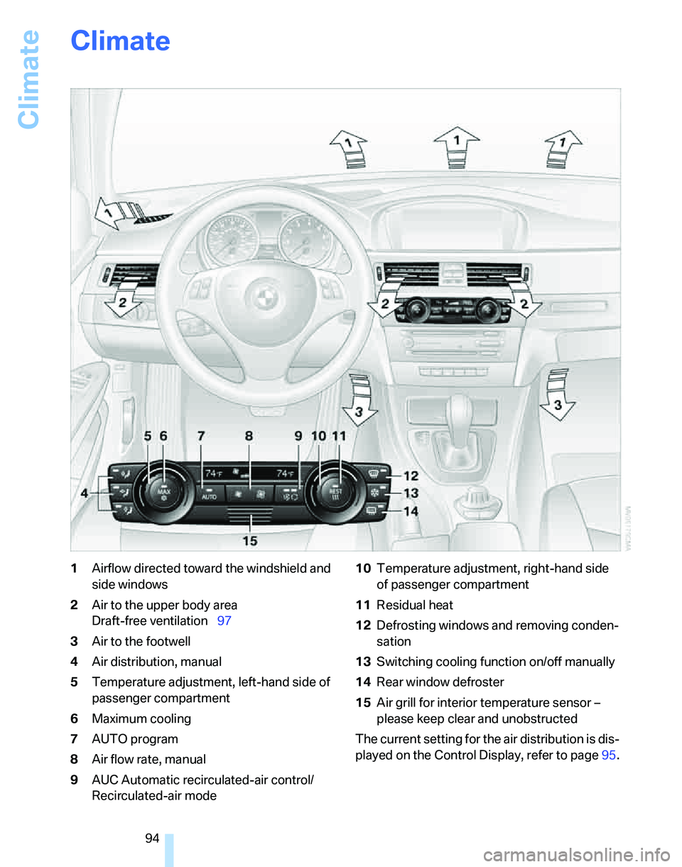 BMW 325XI SPORTS WAGON 2006 Owners Manual Climate
94
Climate
1Airflow directed toward the windshield and
side windows
2Air to the upper body area
Draft-free ventilation97
3Air to the footwell
4Air distribution, manual
5Temperature adjustmen BMW 325XI SPORTS WAGON 2006 Owners Manual Climate
94
Climate
1Airflow directed toward the windshield and
side windows
2Air to the upper body area
Draft-free ventilation97
3Air to the footwell
4Air distribution, manual
5Temperature adjustmen