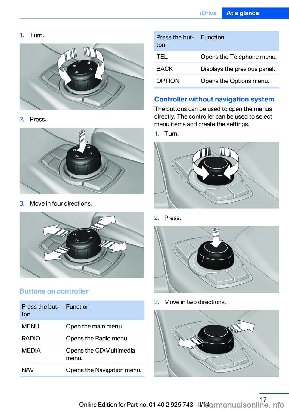 BMW 328D 2014 User Guide 1.Turn.2.Press.3.Move in four directions.
Buttons on controller
Press the but‐
tonFunctionMENUOpen the main menu.RADIOOpens the Radio menu.MEDIAOpens the CD/Multimedia
menu.NAVOpens the Navigation m