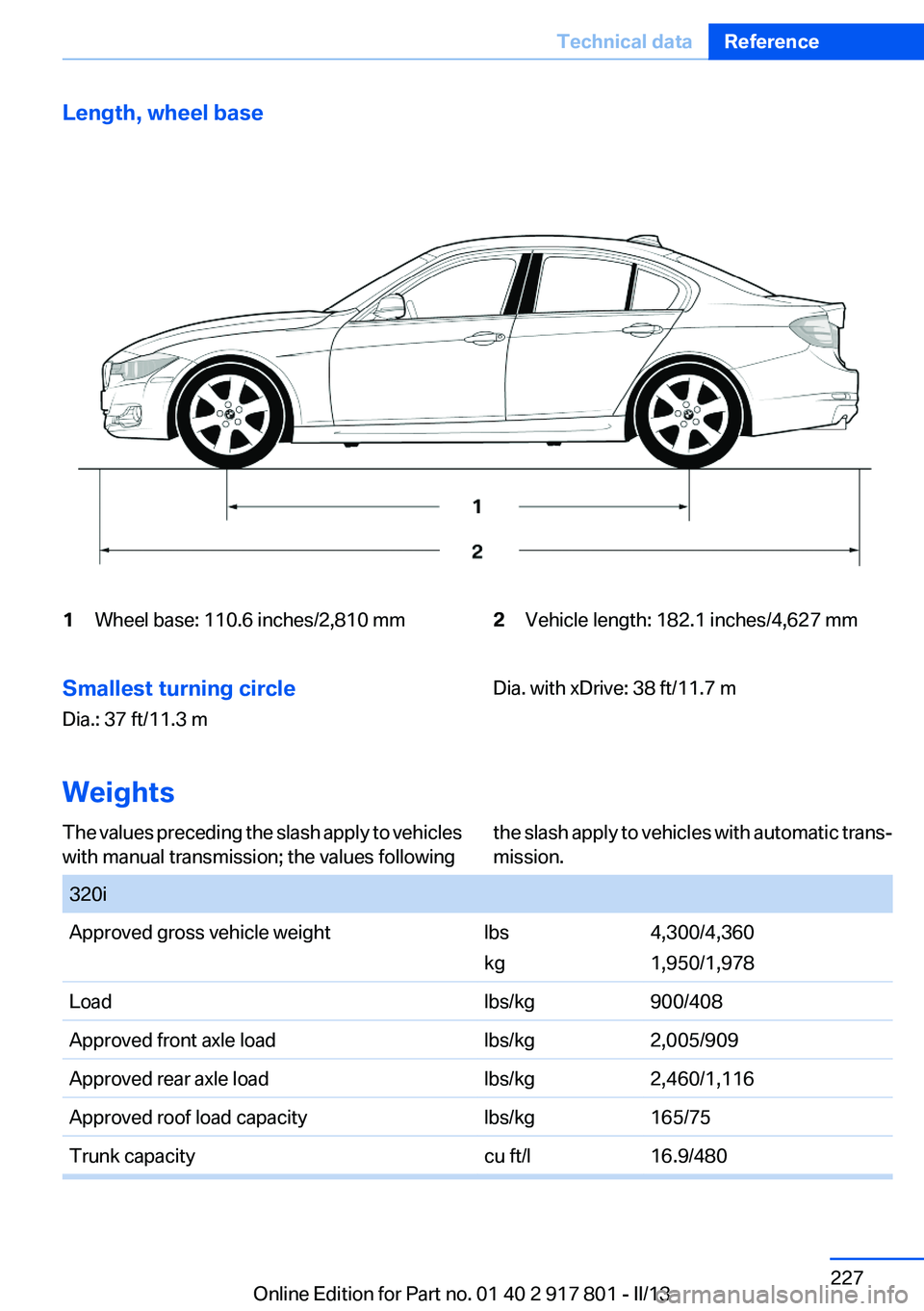 BMW 328I 2013  Owners Manual Length, wheel base1Wheel base: 110.6 inches/2,810 mm2Vehicle length: 182.1 inches/4,627 mmSmallest turning circle
Dia.: 37 ft/11.3 m
Dia. with xDrive: 38 ft/11.7 m
Weights
The values preceding the sla