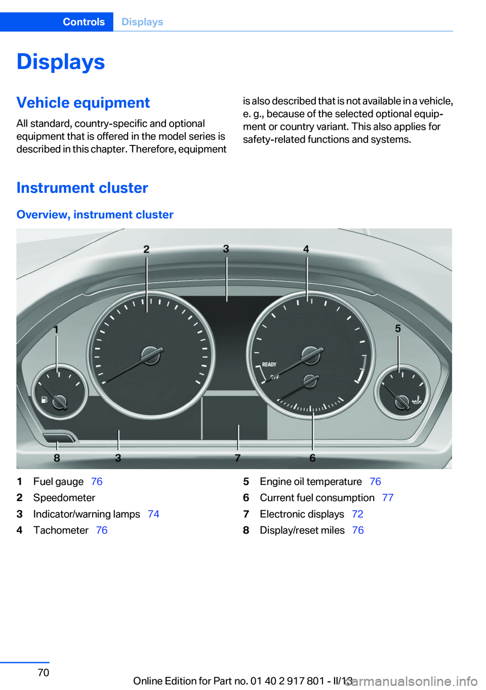 BMW 328I 2013  Owners Manual DisplaysVehicle equipment
All standard, country-specific and optional
equipment that is offered in the model series is
described in this chapter. Therefore, equipmentis also described that is not avai