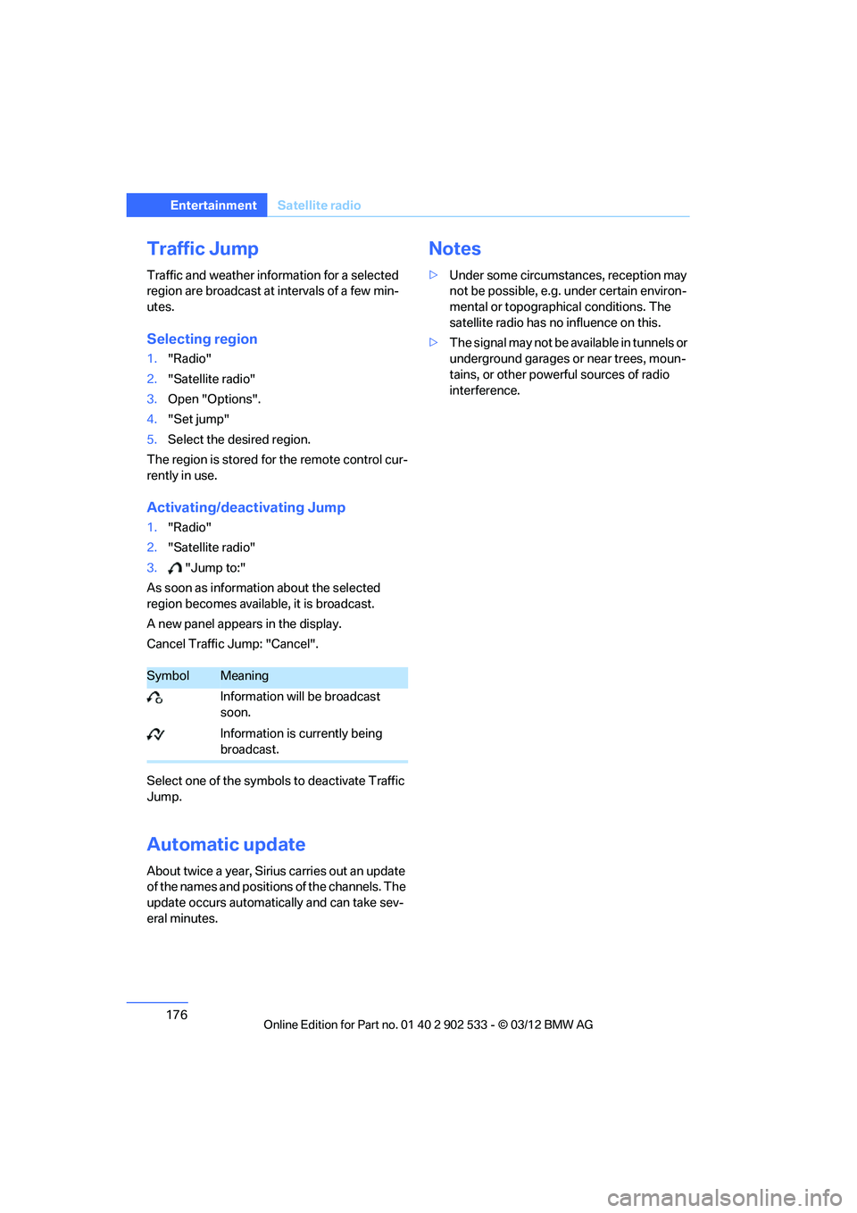 BMW 328I CONVERTIBLE 2013  Owners Manual 176
EntertainmentSatellite radio
Traffic Jump
Traffic and weather information for a selected 
region are broadcast at intervals of a few min-
utes.
Selecting region
1."Radio"
2. "Satellite radio"
3. O