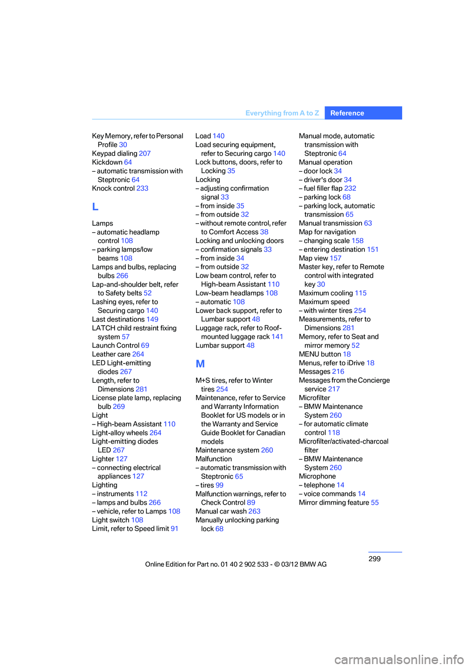 BMW 328I CONVERTIBLE 2013  Owners Manual 299
Everything from A to Z
Reference
Key Memory, refer to Personal 
Profile 30
Keypad dialing 207
Kickdown 64
– automatic transmission with  Steptronic 64
Knock control 233
L
Lamps
– automatic hea