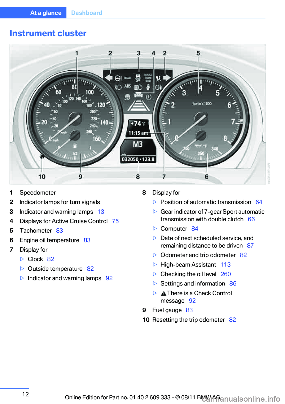 BMW 328I COUPE 2012  Owners Manual 12
At a glanceDashboard
Instrument cluster
1Speedometer
2 Indicator lamps for turn signals
3 Indicator and warning lamps 13
4 Displays for Active Cruise Control 75
5 Tachometer 83
6 Engine oil tempera