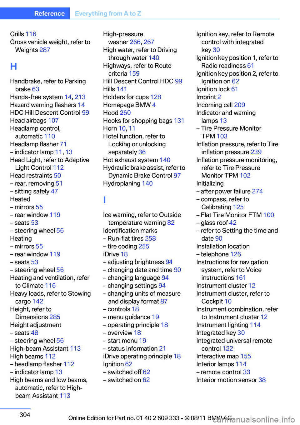 BMW 328I COUPE 2012  Owners Manual 304
ReferenceEverything from A to Z
Grills116
Gross vehicle weight, refer to 
Weights 287
H
Handbrake, refer to Parking 
brake 63
Hands-free system 14,213
Hazard warning flashers 14
HDC Hill Descent C