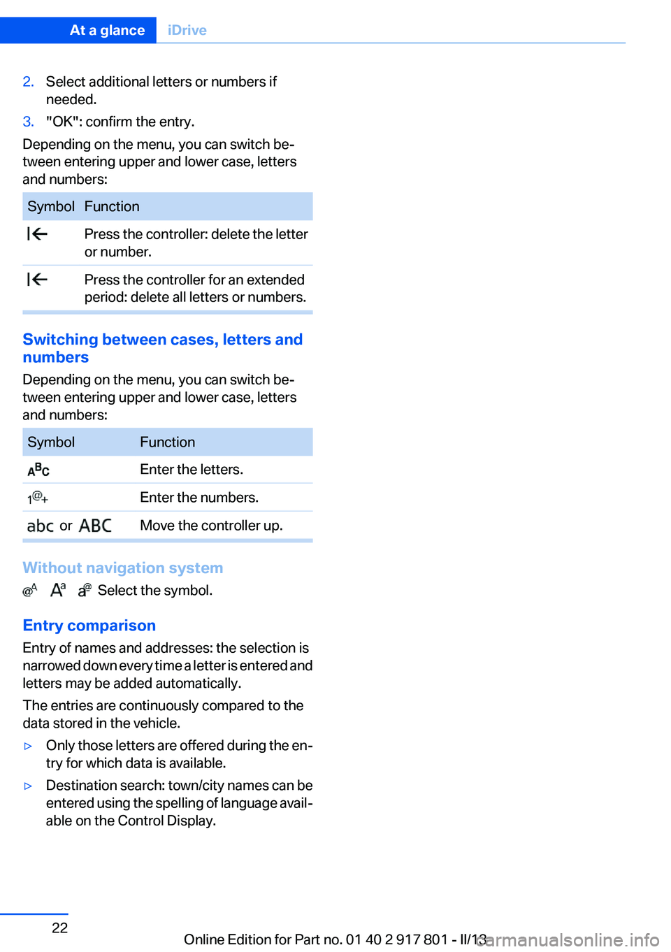BMW 328I XDRIVE 2013 Owners Manual 2.Select additional letters or numbers if
needed.3."OK": confirm the entry.
Depending on the menu, you can switch be‐
tween entering upper and lower case, letters
and numbers:
SymbolFunction BMW 328I XDRIVE 2013 Owners Manual 2.Select additional letters or numbers if
needed.3."OK": confirm the entry.
Depending on the menu, you can switch be‐
tween entering upper and lower case, letters
and numbers:
SymbolFunction