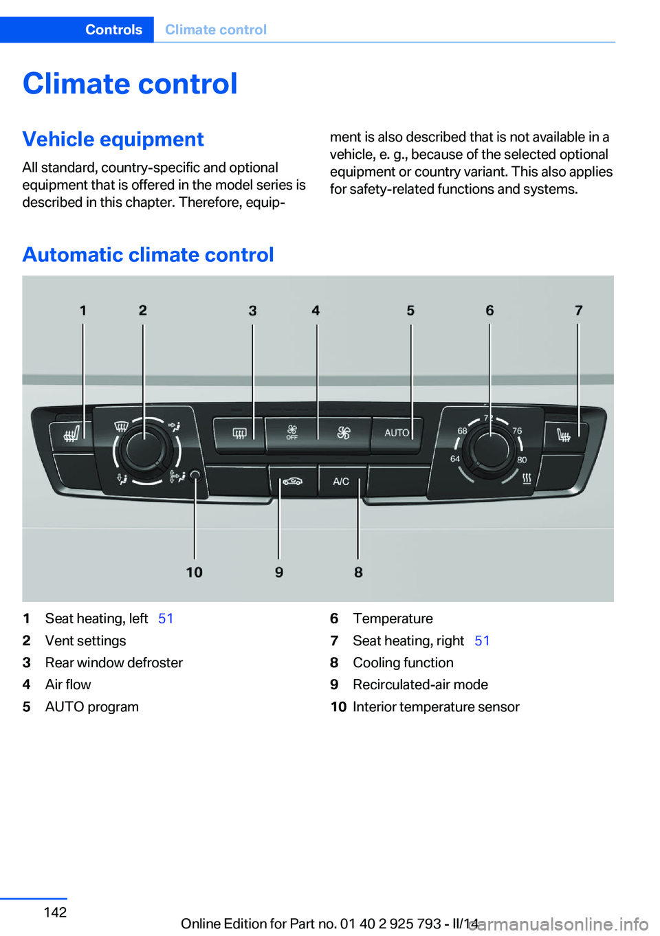 BMW 328I XDRIVE SPORTS WAGON 2014  Owners Manual Climate controlVehicle equipment
All standard, country-specific and optional
equipment that is offered in the model series is
described in this chapter. Therefore, equip‐ment is also described that 