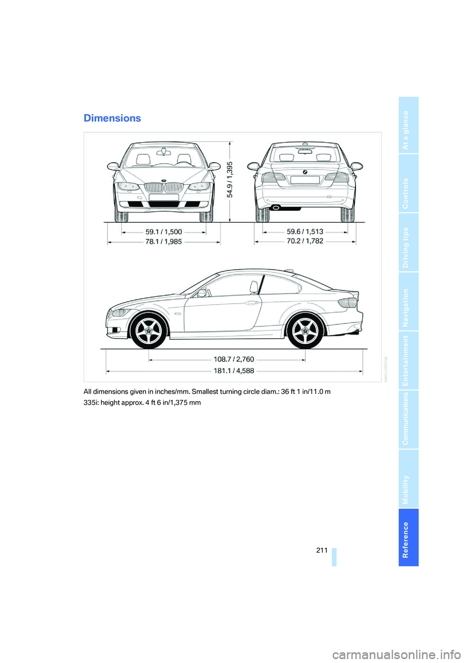 BMW 330CI IDRIVE COUPE 2006 Owners Manual Reference 211
At a glance
Controls
Driving tips
Communications
Navigation
Entertainment
Mobility
Dimensions
All dimensions given in inches/mm. Smallest turning circle diam.: 36 ft 1 in/11.0 m
335i: he BMW 330CI IDRIVE COUPE 2006 Owners Manual Reference 211
At a glance
Controls
Driving tips
Communications
Navigation
Entertainment
Mobility
Dimensions
All dimensions given in inches/mm. Smallest turning circle diam.: 36 ft 1 in/11.0 m
335i: he
