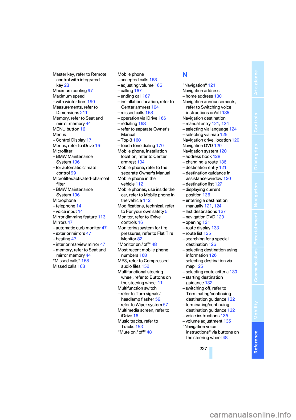 BMW 330CI IDRIVE COUPE 2006  Owners Manual Reference 227
At a glance
Controls
Driving tips
Communications
Navigation
Entertainment
Mobility
Master key, refer to Remote 
control with integrated 
key28
Maximum cooling97
Maximum speed
– with wi