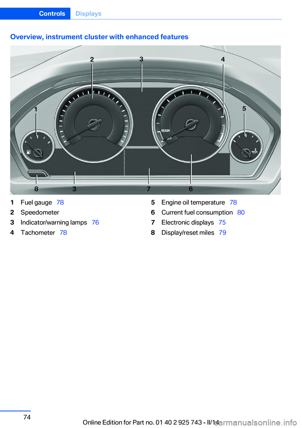 BMW 335I 2014  Owners Manual Overview, instrument cluster with enhanced features1Fuel gauge  782Speedometer3Indicator/warning lamps   764Tachometer  785Engine oil temperature   786Current fuel consumption   80